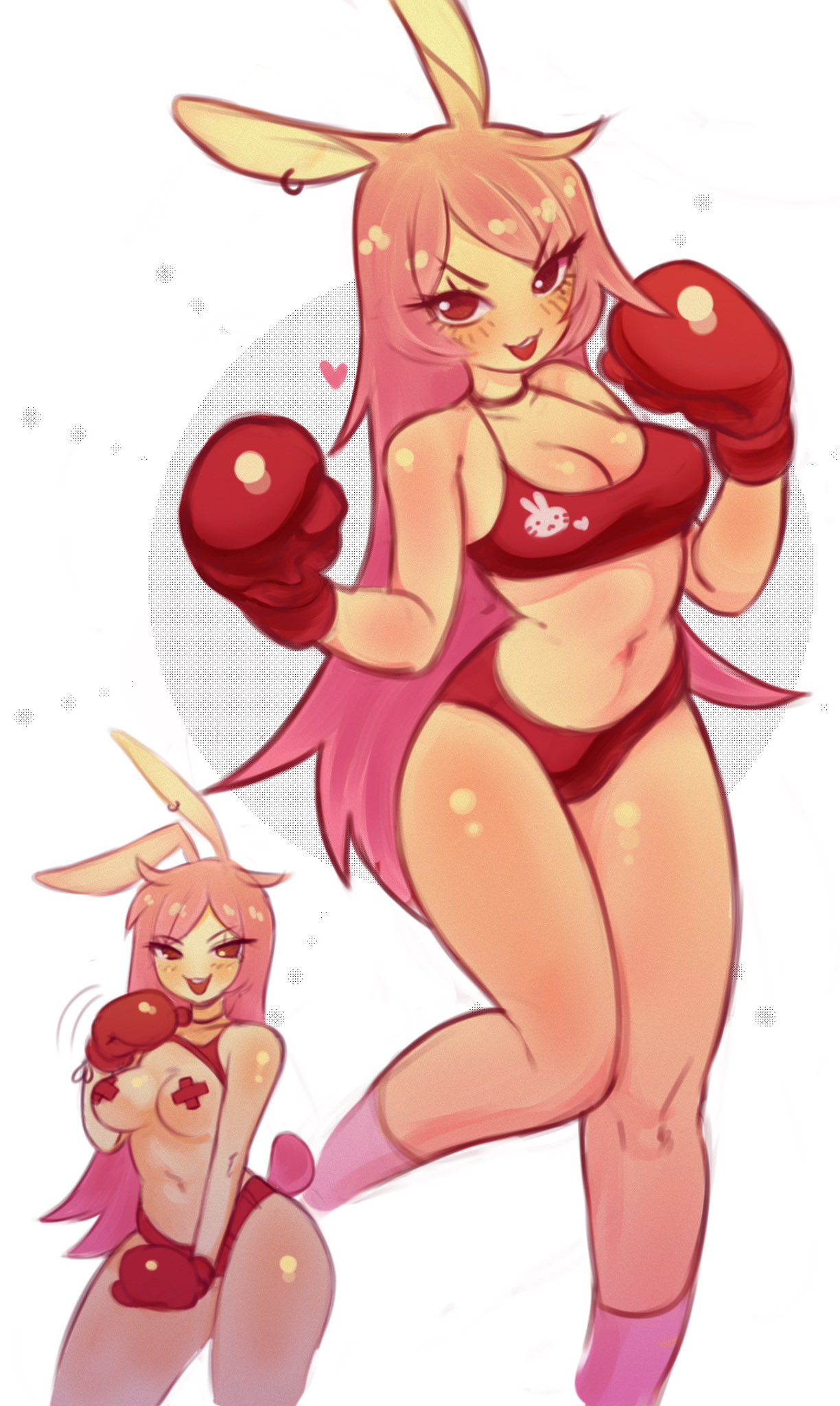 blush boxing_gloves breast_out breasts clothing female footwear hair handwear hi_res human humanoid long_hair mammal medium_breasts mochabaebae navel pasties pink_clothing pink_footwear pink_hair pink_socks red_eyes simple_background smile socks solo white_background