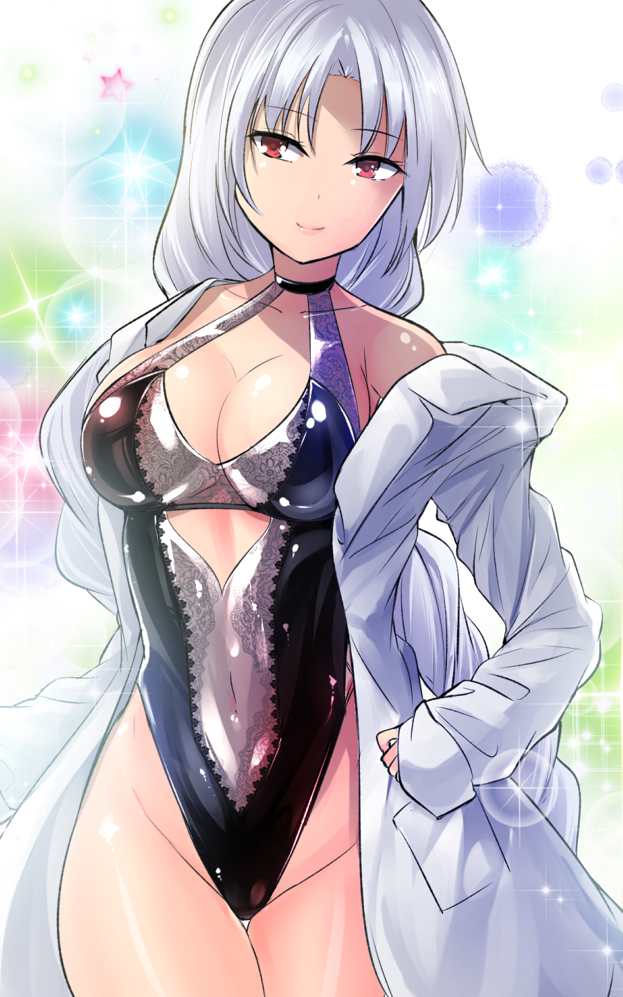 1girl braid breasts cleavage closed_mouth coat collarbone covered_navel grey_hair groin highres lab_coat large_breasts long_hair open_clothes open_coat red_eyes single_braid sleeves_past_wrists smile solo touhou very_long_hair white_coat y2 yagokoro_eirin