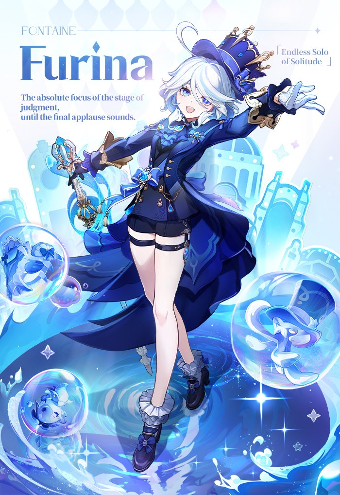 1girl ahoge ascot black_gloves black_shorts blue_eyes blue_hair blue_headwear blue_jacket full_body furina_(genshin_impact) genshin_impact gloves hair_between_eyes hat jacket light_blue_hair long_sleeves looking_at_viewer multicolored_hair official_alternate_costume official_alternate_hair_length official_alternate_hairstyle official_art open_mouth short_hair shorts simple_background smile solo streaked_hair top_hat white_gloves white_hair