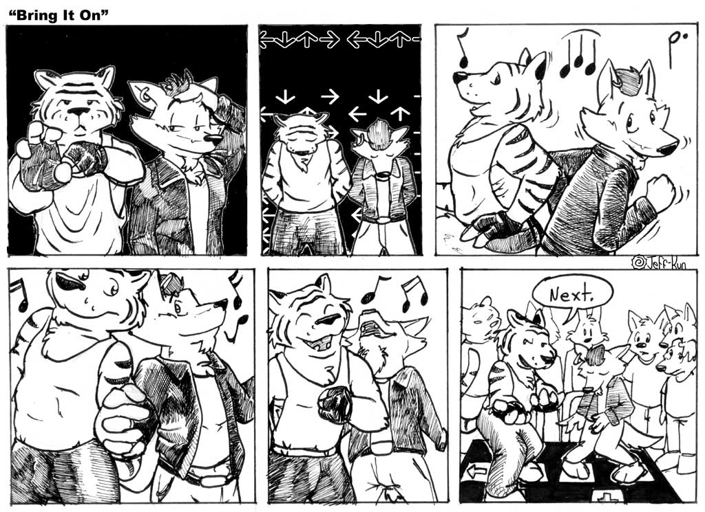 anthro audience bemani canid canine canis closet_coon clothing comic coyote crowd dance_dance_revolution dancing dialogue duo_focus ear_piercing english_text felid fingerless_gloves gloves group handwear konami leafdog male mammal monochrome pantherine piercing rodney_waters text tiger toby_romsawai