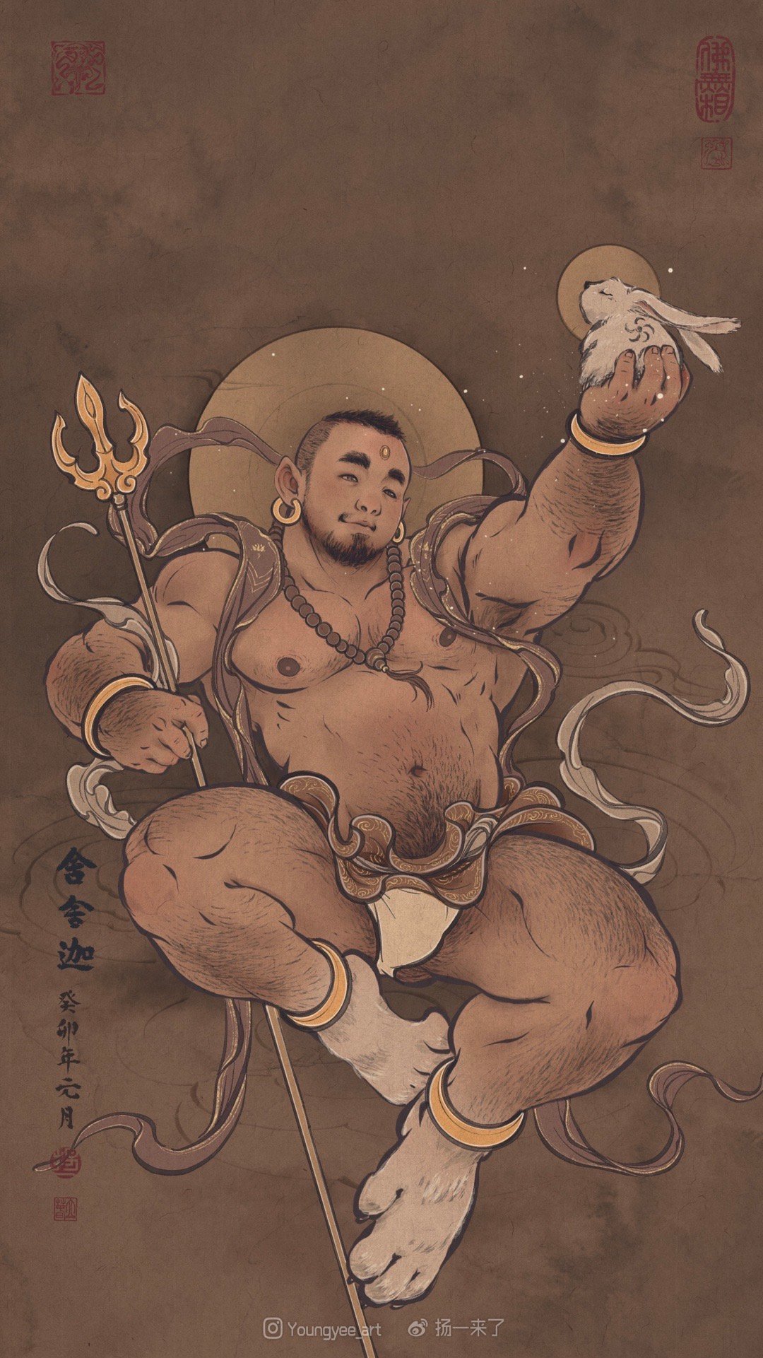 1boy abs animal animal_feet arm_hair arm_up ass_hair ass_visible_through_thighs bara beard bulge chest_hair chinese_zodiac dark-skinned_male dark_skin earrings facial_hair floating full_body gold_bracelet hairy highres holding holding_animal holding_polearm holding_weapon hoop_earrings jewelry large_pectorals leg_hair long_sideburns male_focus mature_male muscular muscular_male navel_hair nipples original pectorals plump polearm rabbit short_hair sideburns smile solo stomach strongman_waist stubble thick_eyebrows thick_thighs thighs topless_male translation_request trident weapon year_of_the_rabbit youngyee_art