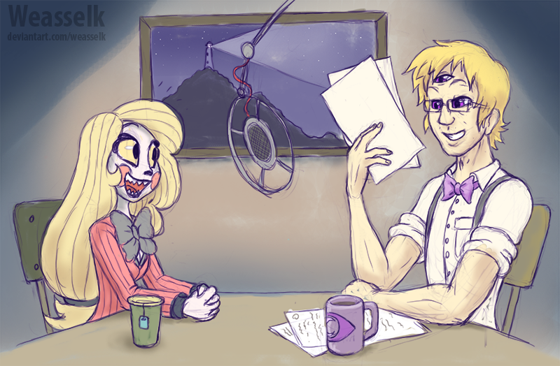 3_eyes beverage black_nose blonde_hair bow_tie cecil_gershwin_palmer chair charlie_morningstar cheek_spots clothing container cup demon detailed_background dress_shirt duo female furniture hair hazbin_hotel holding_object humanoid male microphone mug multi_eye not_furry on_chair open_mouth open_smile paper sharp_teeth shirt short_hair sitting sitting_on_chair smile table tan_body tan_skin tea teeth topwear weasel_k welcome_to_night_vale white_body white_skin