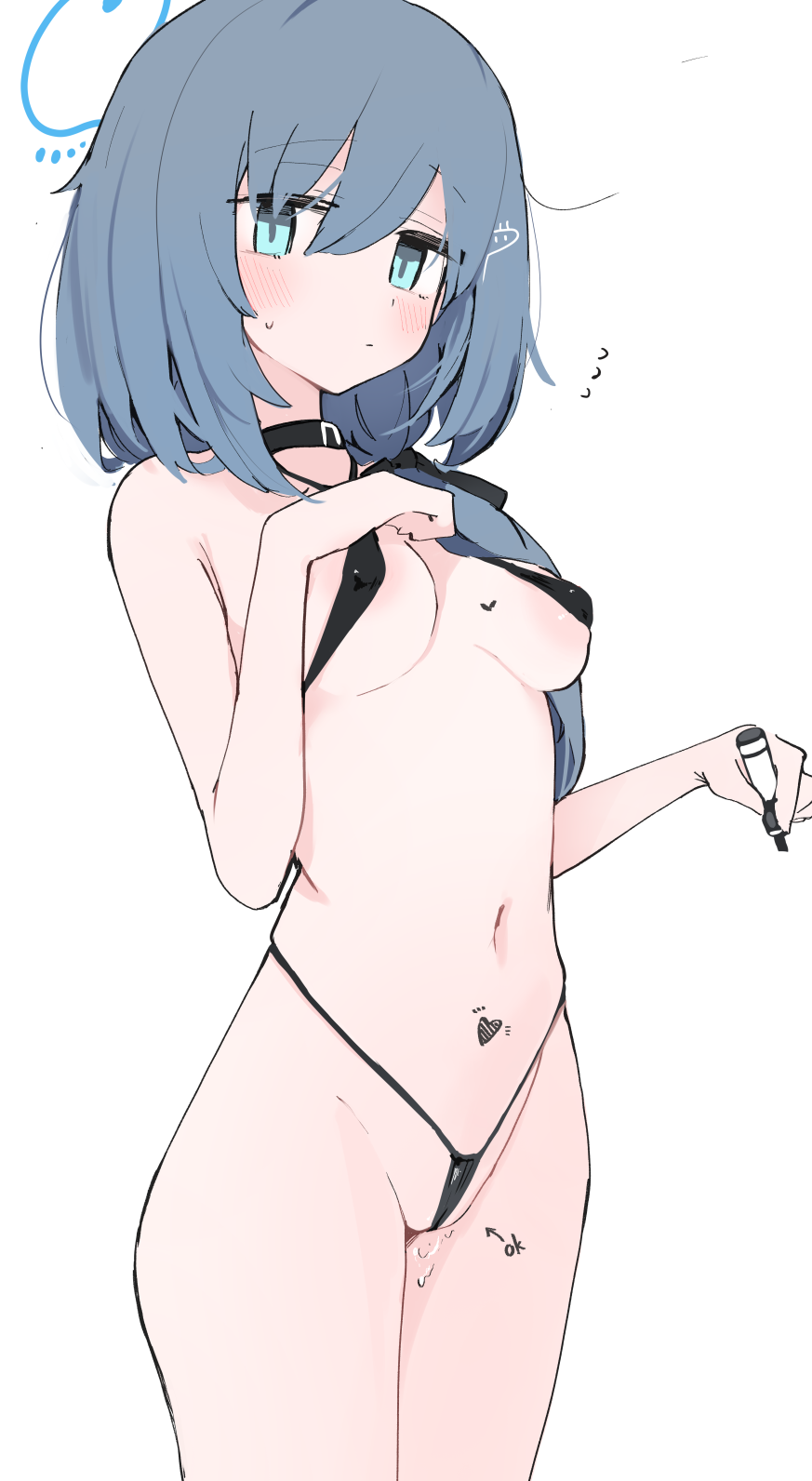 1girl aqua_eyes bikini black_bikini black_choker blue_archive blue_hair blue_halo blush choker closed_mouth halo highres holding holding_marker long_hair looking_at_viewer marker mikozin navel pussy_juice simple_background solo standing swimsuit thighs white_background