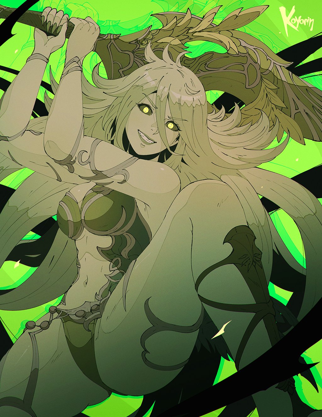 1girl barbariccia breasts colored_sclera colored_skin final_fantasy final_fantasy_xiv fingernails green_background green_hair green_nails green_panties green_sclera green_skin hair_between_eyes highres holding holding_sword holding_weapon koyorin large_breasts long_hair navel panties revealing_clothes sharp_fingernails smile solo sword underwear very_long_hair weapon yellow_eyes