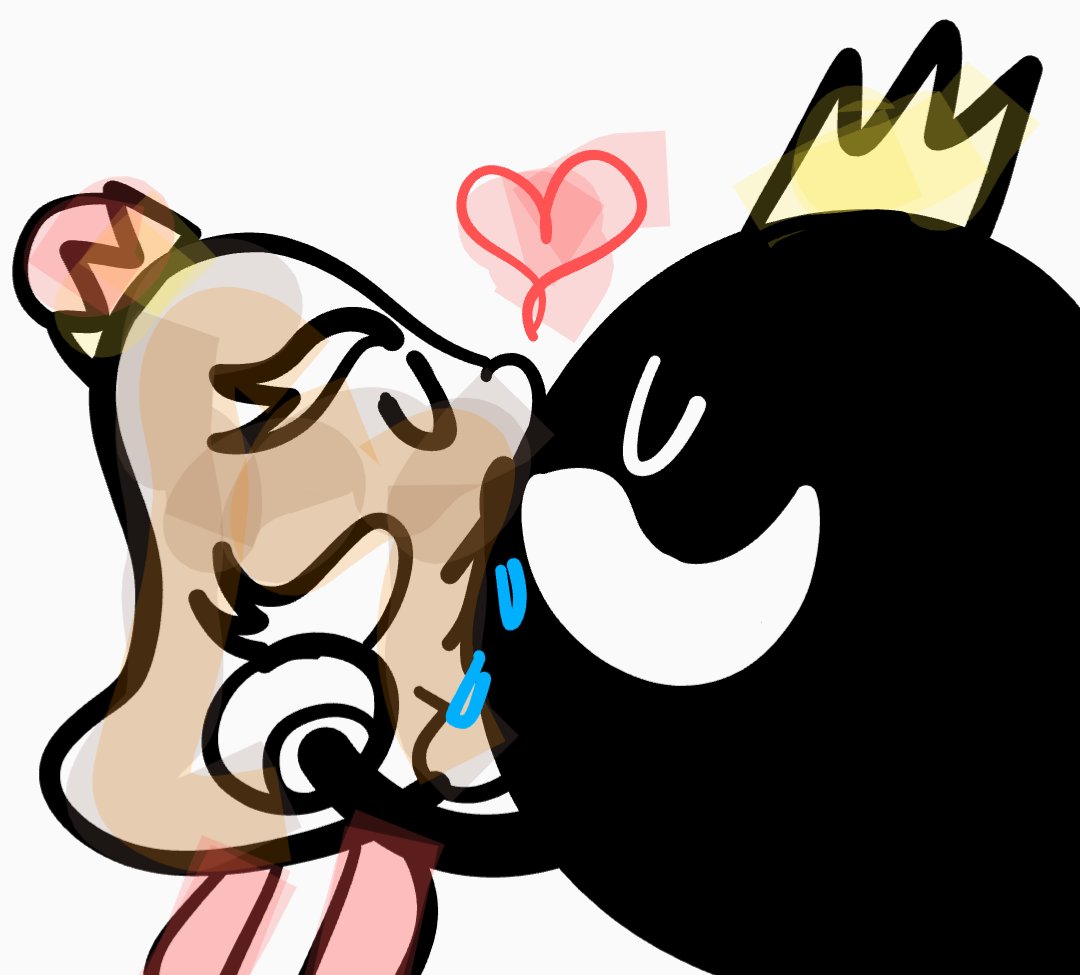 &lt;3 animate_inanimate bob-omb bodily_fluids bomb crown duo explosives eyes_closed facial_hair french_kissing goomba goomboss headgear king_bob-omb kissing male male/male mario_bros matti_animation mature_male mustache nintendo saliva