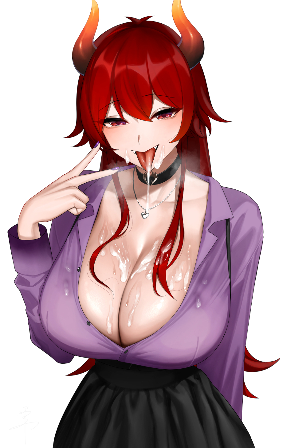 1girl :p breasts choker cleavage cum cum_on_body cum_on_breasts dola_(nijisanji) fangs highres horns jewelry large_breasts necklace nijisanji purple_nails red_eyes red_hair senju_(snz0) simple_background skirt solo sweat tongue tongue_out v virtual_youtuber white_background