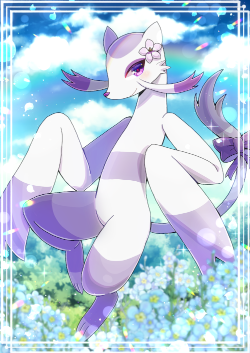 blue_flower blue_sky blurry blurry_background bow closed_mouth cloud cloudy_sky commentary_request commission day depth_of_field flower furry kou_hiyoyo looking_at_viewer mienshao no_humans outdoors pink_flower pokemon pokemon_(creature) purple_bow purple_eyes skeb_commission sky smile solo tail tail_bow tail_ornament