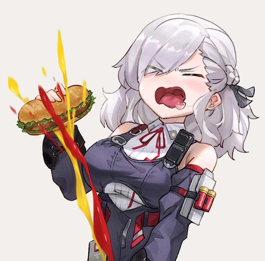 1girl ayanami_barrage_(meme) bare_shoulders braid breasts closed_eyes commentary_request detached_sleeves eyes_visible_through_hair food girls'_frontline girls'_frontline_2:_exilium grey_background grey_hair hair_over_one_eye hair_ribbon holding holding_food id_card ketchup large_breasts medium_hair meme mustard open_mouth ribbon saliva sandwich sexually_suggestive shotgun_shell simple_background solo spas-12_(girls'_frontline) zerowill