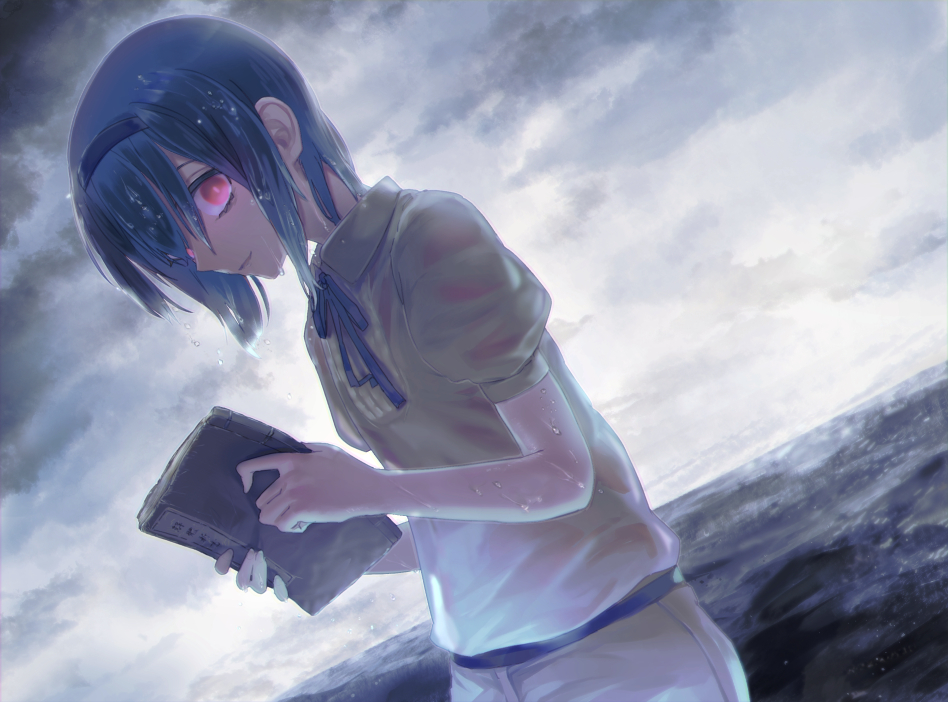 1girl akiba_(nagusami) alternate_eye_color aoi_kaitai_shinsho_(cevio) belt blue_belt blue_hairband blue_ribbon book cevio collared_shirt commentary_request crazy_eyes day dutch_angle empty_eyes from_side hair_over_one_eye hairband holding holding_book horizon looking_at_viewer looking_to_the_side neck_ribbon ocean outdoors overcast parted_lips puffy_short_sleeves puffy_sleeves red_eyes ribbon shirt short_hair short_sleeves sidelocks sky smile solo standing suzuki_tsudumi wading wet wet_clothes wet_hair white_shirt