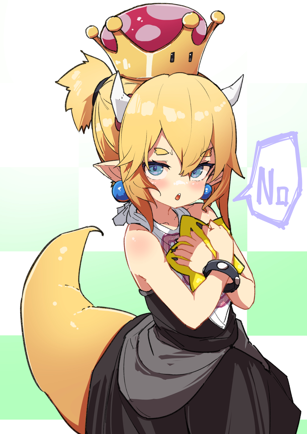 1girl black_dress blonde_hair blue_eyes bowsette_jr. checkered_background commentary_request dress earrings female_child green_background hair_between_eyes highres horns jewelry lizard_tail looking_at_viewer mario_(series) new_super_mario_bros._u_deluxe noa_(nagareboshi) pointy_ears ponytail short_hair sleeveless sleeveless_dress solo super_crown tail two-tone_background white_background white_horns