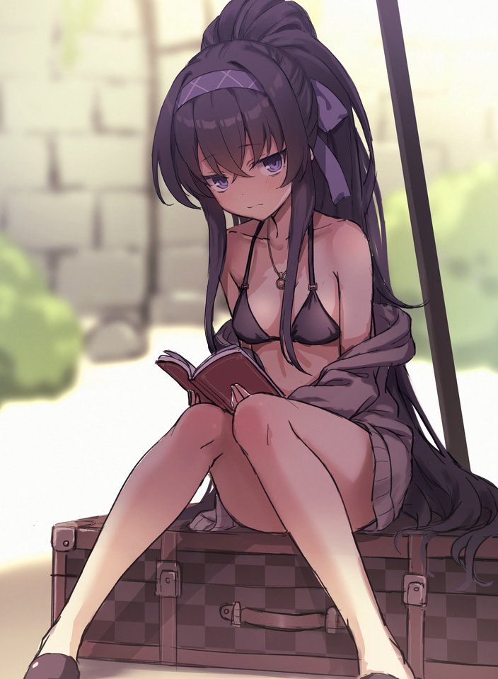 1girl bags_under_eyes bikini black_bikini black_hair blue_archive blush book breasts cardigan day grey_cardigan hairband holding holding_book long_hair looking_at_viewer off_shoulder outdoors ponytail purple_hairband ryuinu sitting small_breasts solo suitcase sunlight swimsuit ui_(blue_archive) ui_(swimsuit)_(blue_archive) very_long_hair