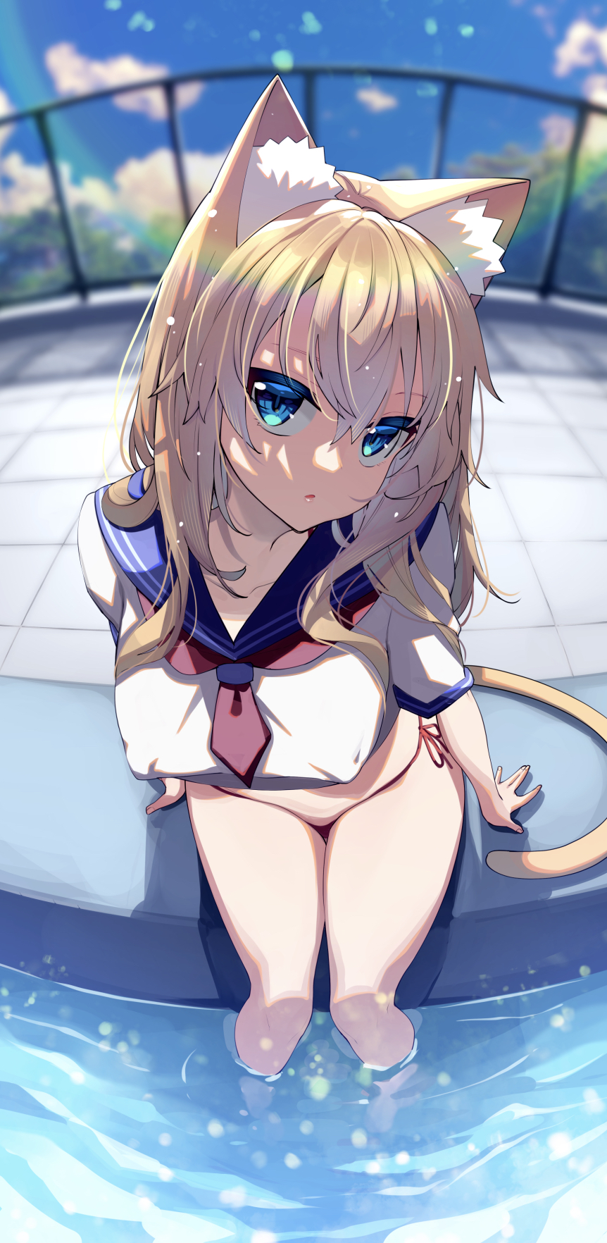 1girl akino_sora animal_ears arm_support bikini bikini_under_clothes blonde_hair blue_eyes blue_sailor_collar blurry blurry_background breasts cat_ears cat_girl cat_tail closed_mouth commentary_request covered_nipples day depth_of_field fence fisheye hair_between_eyes highres long_hair looking_at_viewer medium_breasts original outdoors red_bikini sailor_collar shirt short_sleeves side-tie_bikini_bottom soaking_feet solo swimsuit tail water white_shirt