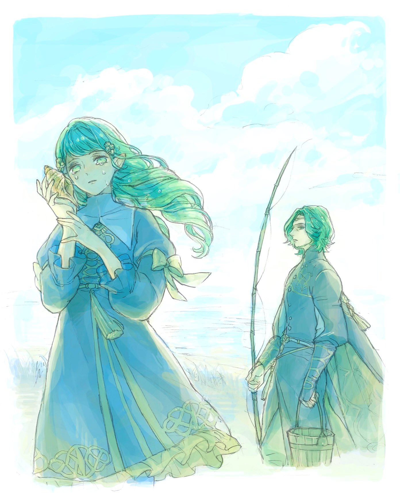 1boy 1girl bucket cloud cloudy_sky crying crying_with_eyes_open drill_hair father_and_daughter fire_emblem fire_emblem:_three_houses fishing_rod flayn_(fire_emblem) garreg_mach_monastery_uniform green_eyes green_hair hair_ornament hairclip highres holding holding_bucket holding_fishing_rod holding_shell looking_at_viewer pointy_ears seteth_(fire_emblem) shell sky suzytookaflight swept_bangs tears turtleneck twin_drills