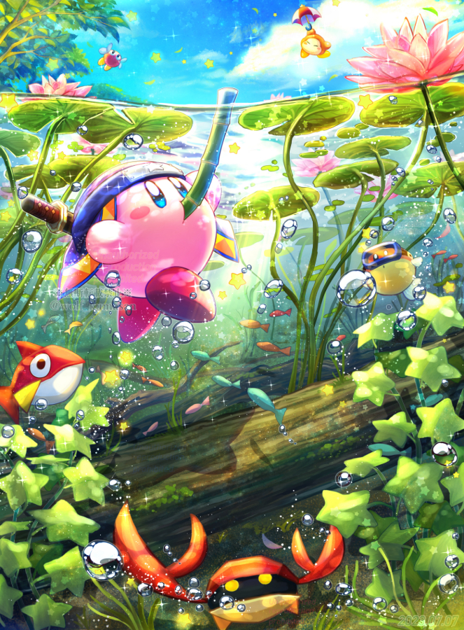 air_bubble blipper blue_sky blush_stickers bronto_burt bubble colored_skin commentary_request copy_ability crab fish flopper_(kirby) goggles kany_(kirby) kirby kirby_(series) lily_pad ninjya_palette no_humans parasol pink_skin sky solid_oval_eyes sparkle star_(symbol) sword sword_on_back tree umbrella underwater waddle_dee watermark weapon weapon_on_back wings yellow_eyes