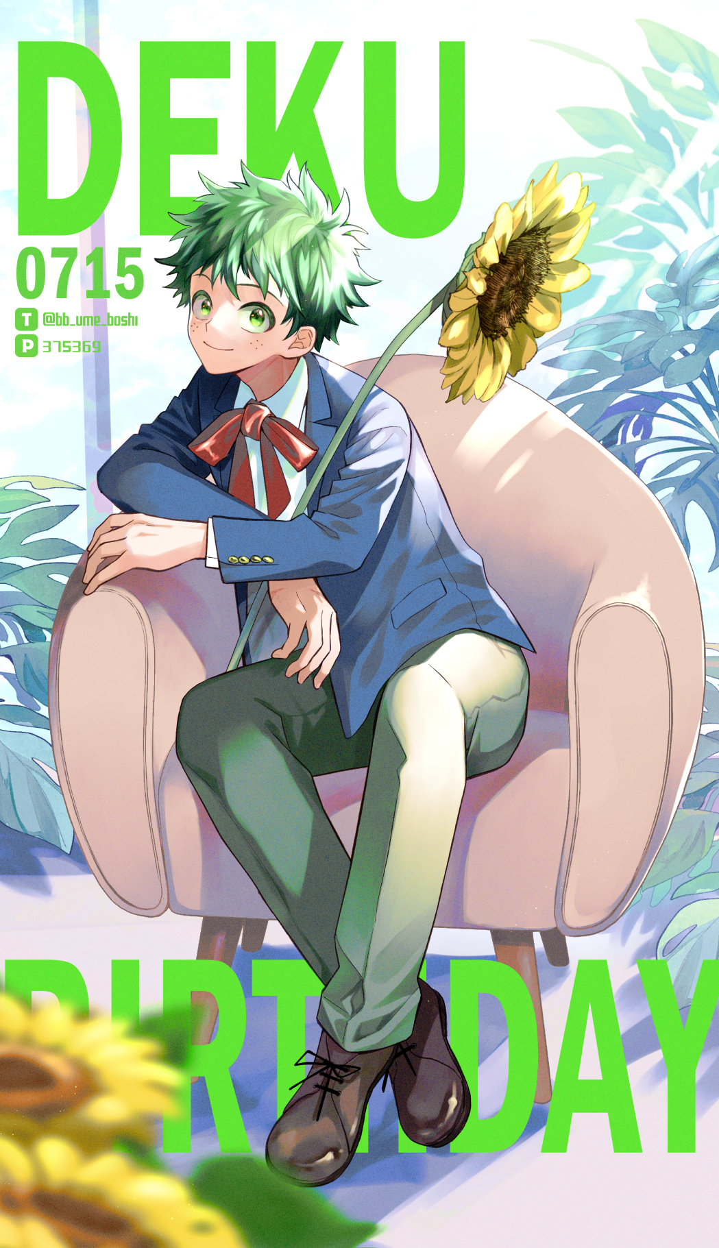 1boy alternate_costume arm_rest armchair birthday blue_jacket blurry blurry_foreground boku_no_hero_academia brown_footwear buttons chair character_name closed_mouth collared_shirt colored_eyelashes crossed_ankles flower freckles full_body green_eyes green_hair green_pants highres jacket lapels leaning_to_the_side light long_sleeves looking_at_viewer looking_to_the_side male_focus midoriya_izuku neck_ribbon notched_lapels object_hug on_chair open_clothes open_jacket pants pixiv_id pixiv_logo plant red_ribbon ribbon scar scar_on_hand shadow shirt short_hair sidelighting sitting smile solo sunflower text_background text_focus timestamp twitter_logo twitter_username ume_(326310) white_shirt yellow_flower