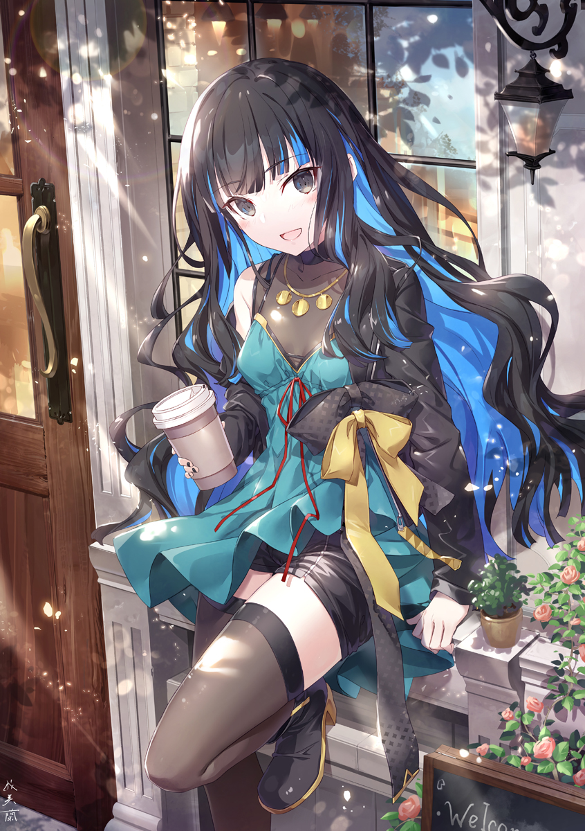 1girl bare_shoulders black_hair black_jacket blue_hair blush breasts brown_thighhighs coffee_cup colored_inner_hair cup disposable_cup dress eyeliner fate/grand_order fate_(series) flower gabiran green_dress grey_eyes highres jacket jewelry long_hair long_sleeves looking_at_viewer makeup multicolored_hair necklace off_shoulder open_clothes open_jacket open_mouth plant potted_plant sidelocks small_breasts smile solo tenochtitlan_(fate) thighhighs thighs variant_set wavy_hair