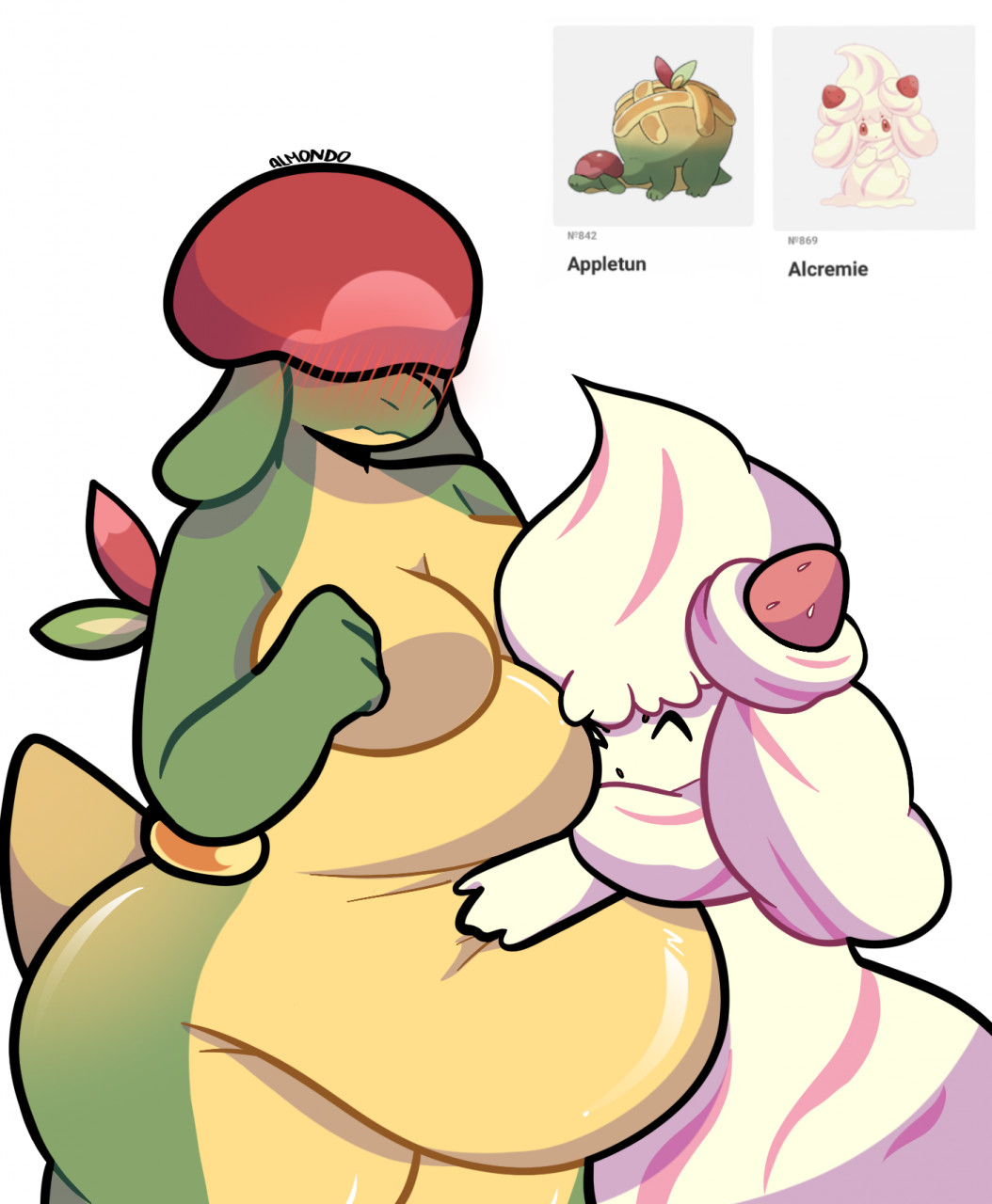 2021 ^_^ alcremie almondo anthro appletun belly belly_grab belly_hug belly_squish big_belly big_breasts biped blush blush_lines breasts covered_eyes duo embrace eyes_closed featureless_breasts female female/female floppy_ears food food_creature generation_8_pokemon green_body hand_on_another's_belly happy hi_res hug markings multicolored_body nintendo nude obese obese_anthro obese_female overweight overweight_anthro overweight_female pink_markings pokemon pokemon_(species) pokemorph reference_image shy signature simple_background size_difference smile species_name squish standing tail thick_thighs two_tone_body white_background white_body wide_hips yellow_body