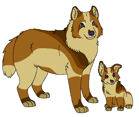 2013 aliasing alternate_species ambiguous_gender blue_(bluekyokitty) blue_eyes blue_nose bluekyokitty brown_body brown_fur canid canine canis digital_drawing_(artwork) digital_media_(artwork) digitigrade domestic_dog duo feral flat_colors fur grey_sclera herding_dog low_res mammal pastoral_dog paws sebdoggo simple_background sitting square_crossover standing tail tan_body tan_fur tan_inner_ear welsh_corgi white_background wolf