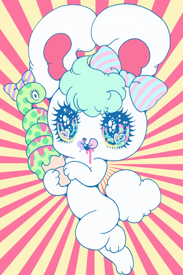 &lt;3 &lt;3_eyes ambiguous_gender anthro big_eyes chibi duo ear_bow feral fluffy fluffy_tail food food_creature food_on_face fur glistening glistening_eyes green_hair hair handpaw hindpaw ice_cream_creature imminent_vore kemono lagomorph leporid mammal multicolored_eyes nude pattern_background paws pink_tongue rabbit rabbit_ears reptile scalie scut_tail short_tail simple_background snake tail tongue tongue_out white_body white_fur yurie_sekiya