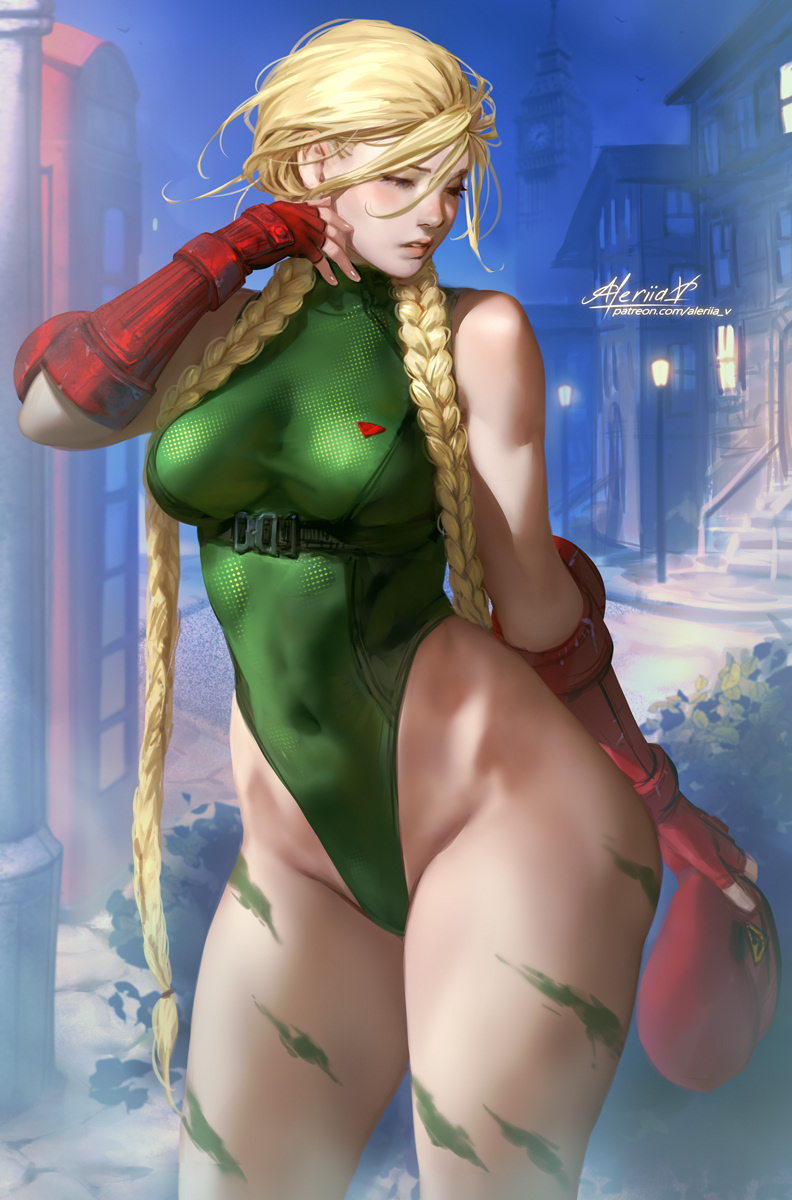 1girl aleriia_v blonde_hair bodypaint bracer braid breasts cammy_white camouflage chest_strap closed_eyes covered_navel cowboy_shot fingerless_gloves garrison_cap gloves green_leotard hat highleg highleg_leotard highres holding holding_clothes holding_hat large_breasts leotard long_hair nipples patreon_username red_gloves signature solo street_fighter street_fighter_v twin_braids variant_set