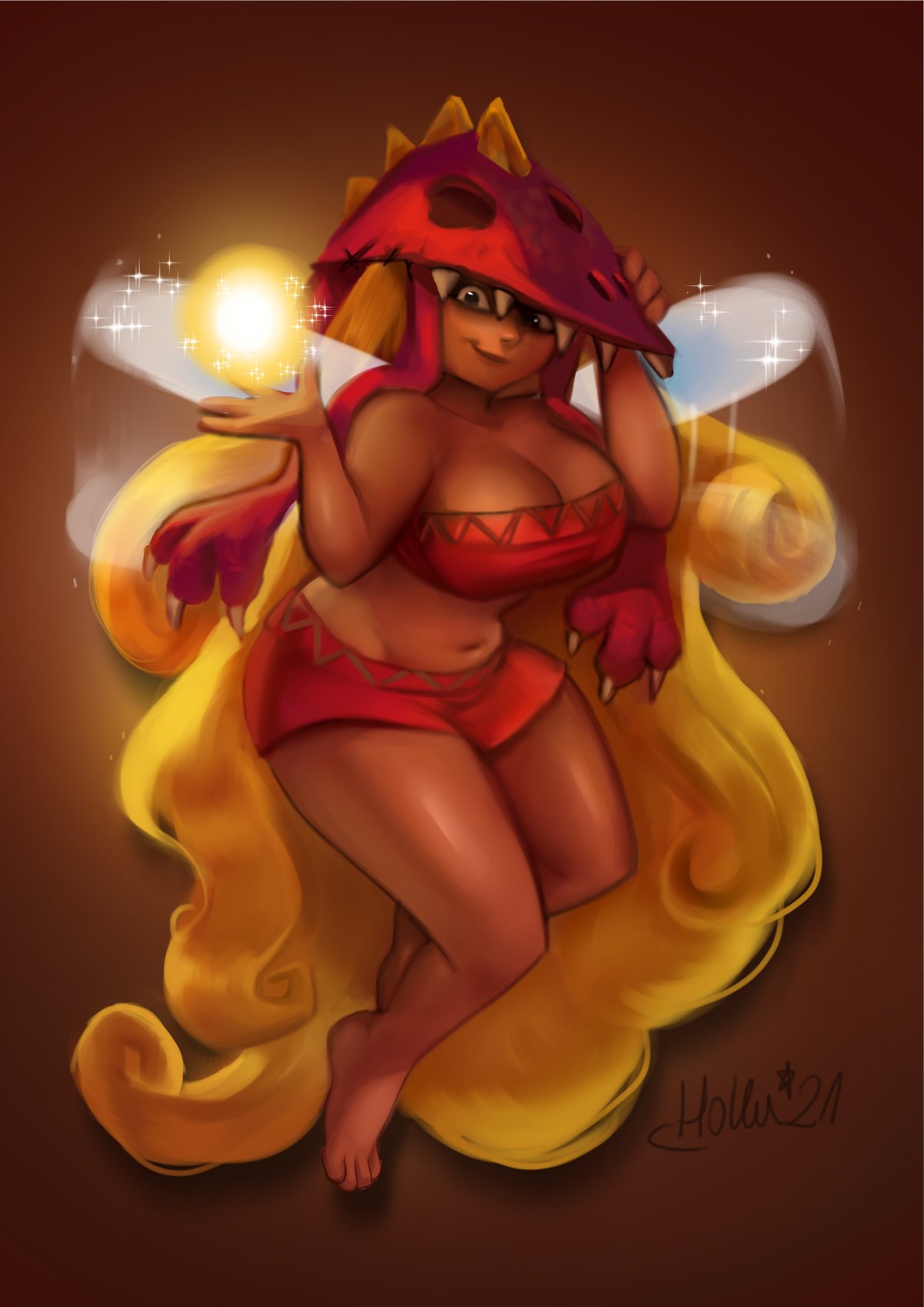 1girl absurdly_long_hair bare_legs barefoot blonde_hair breasts brown_background cleavage dark-skinned_female dark_skin edith_up_(rayman) fairy fairy_wings gradient_background hands_up highres ladystarpanda large_breasts long_hair looking_at_viewer midriff navel rayman_origins red_shorts red_tube_top shorts signature smile solo sparkle strapless tube_top very_long_hair wings
