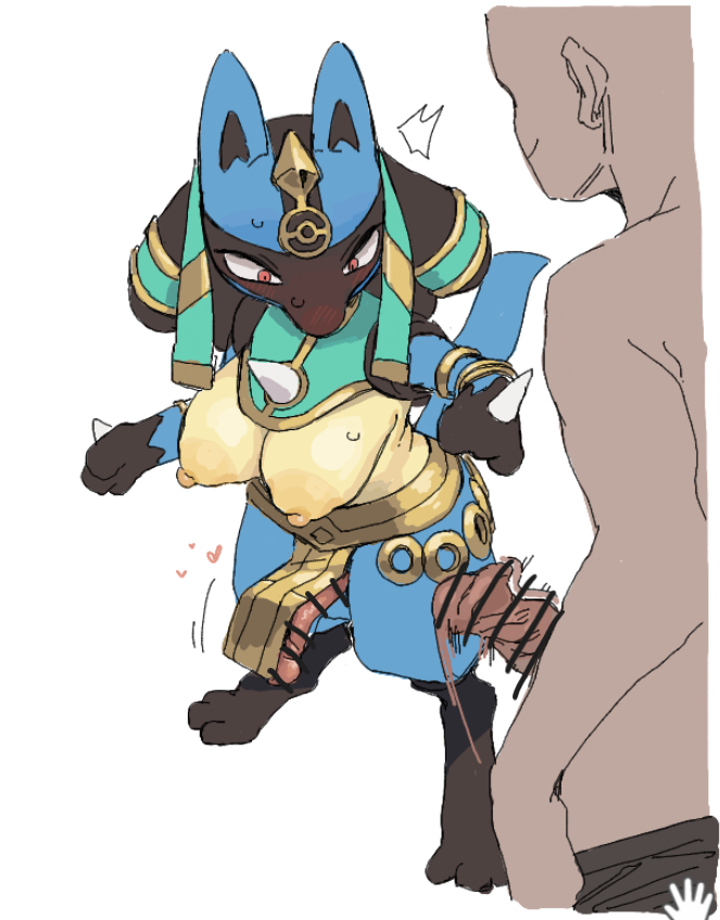 &lt;3 anthro aroused big_breasts blue_body blue_fur blush bottomwear breasts bulge canid canine censor_bar clothed clothing clothing_lift colored_sketch egyptian_clothing erection_under_bottomwear faceless_character faceless_male fur generation_4_pokemon genitals gynomorph haramikarubi holowear_(pokemon) humanoid_genitalia humanoid_penis ineffective_clothing intersex intersex_focus loincloth loincloth_lift looking_at_another's_penis looking_at_genitalia looking_at_penis lucario male mammal nintendo nipples penis pointy_breasts pokemon pokemon_(species) pokemon_unite presenting presenting_penis red_eyes ruins_style_lucario simple_background sketch smile solo standing tenting wardrobe_malfunction white_background