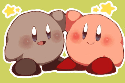 1boy alternate_skin_color blue_eyes blush blush_stickers full_body green_background happy kirby kirby_(series) light_smile lowres multiple_persona no_humans open_mouth parted_lips pink_skirt simple_background skirt smile star_(symbol) tokuura