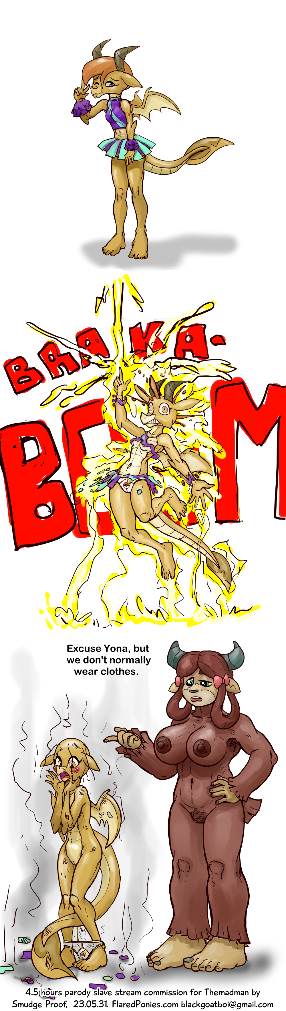 absurd_res anthro armpit_hair bald bodily_fluids body_hair casual_nudity cheerleader clothing comic duo electrocution embarrassed friendship_is_magic generation_1_pokemon genitals hasbro hi_res montgomery_glands my_little_pony navel nintendo nipples ocellus_(dragon_form) ocellus_(mlp) pikachu pokeball pokemon pokemon_(species) pubes pussy size_difference smudge_proof solo stink_lines underwear yona_yak_(mlp)