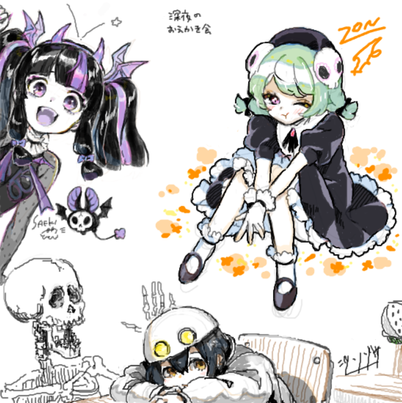 artist_name black_dress black_footwear black_hair blunt_bangs chair character_request collaboration dress green_hair hair_between_eyes hair_ornament helmet horns indie_virtual_youtuber kiyashiki_zonzon kiyashiki_zonzon_(artist) knees_up long_sleeves low_tied_sidelocks multicolored_hair one_eye_closed pale_skin picture_chat pout purple_horns raito_eisel saeki_yahiro satellite_right short_sleeves signature sitting skeleton sketch skull_hair_ornament socks streaked_hair white_background white_headwear