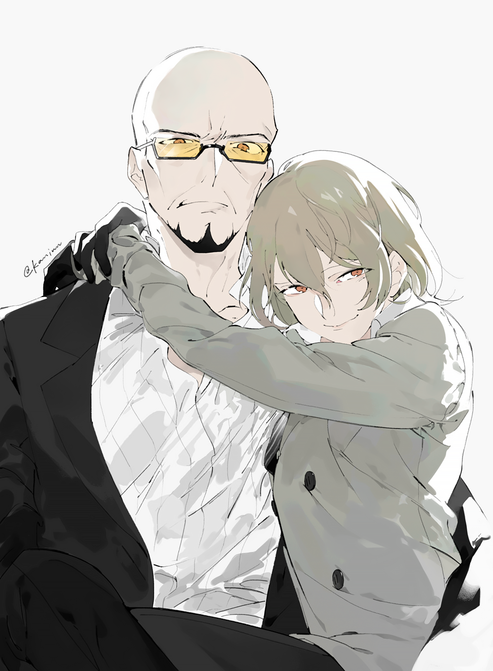 2boys akechi_gorou arms_around_neck bald beard black-framed_eyewear black_gloves black_jacket black_pants brown_hair closed_mouth collared_shirt commentary_request facial_hair frown furrowed_brow glasses gloves grey_background grey_jacket hair_between_eyes hands_up highres jacket kaninn long_sleeves looking_at_viewer male_focus mature_male multiple_boys outstretched_arms pants partially_unbuttoned persona persona_5 red_eyes semi-rimless_eyewear shidou_masayoshi shirt short_hair simple_background sitting sitting_on_lap sitting_on_person smile smug spoilers tinted_eyewear under-rim_eyewear white_shirt yaoi yellow-tinted_eyewear