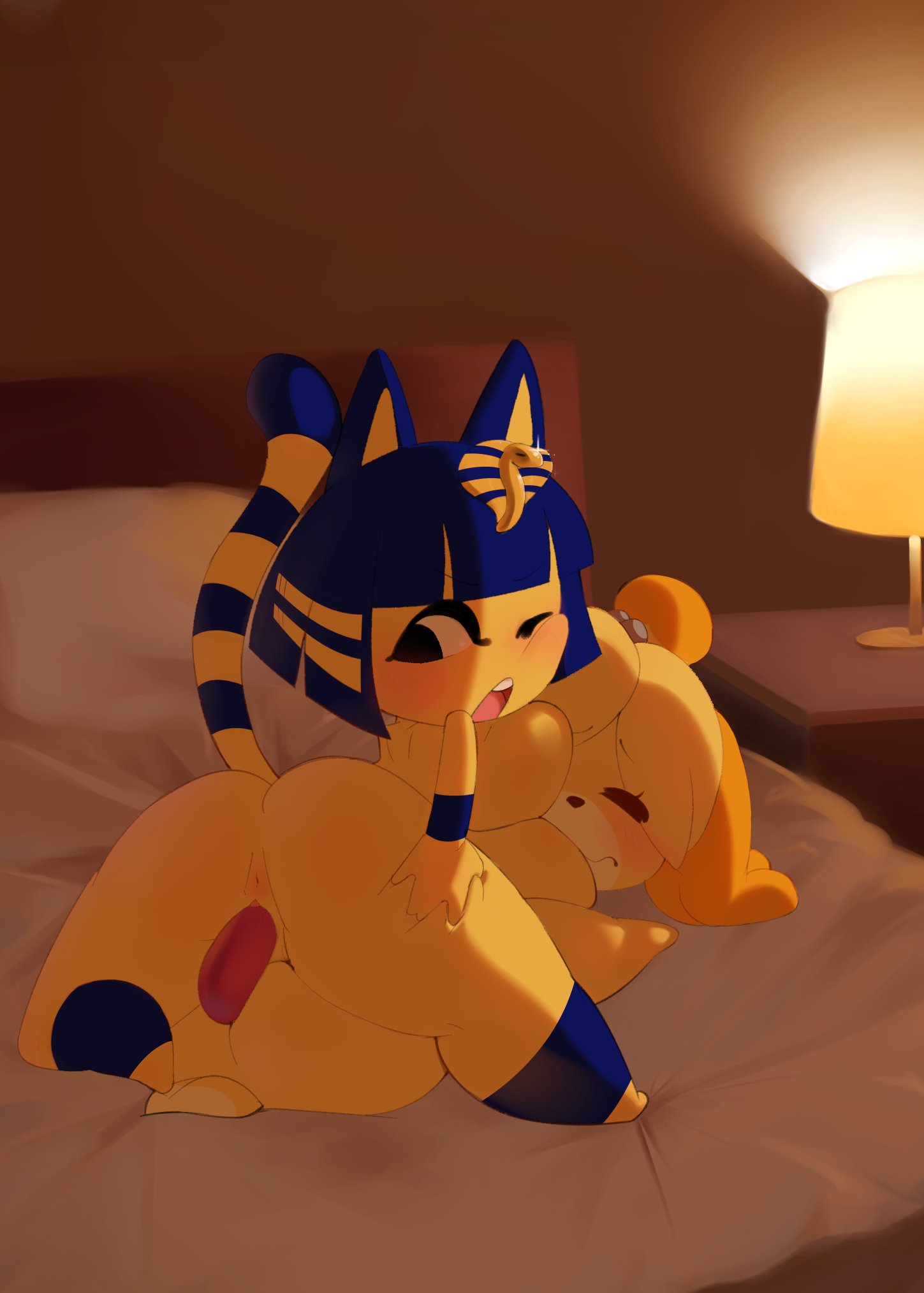 animal_crossing ankha_(animal_crossing) anthro anus areola bed big_breasts black_eyes black_nose blonde_hair blue_ears blue_hair breast_squish breasts breasts_frottage canid canine canis dildo domestic_cat domestic_dog duo eyes_closed felid feline felis female female/female female_on_top fur furniture glistening glistening_eyes hair hi_res isabelle_(animal_crossing) mammal mu111777 nintendo nipples on_bed on_top on_top_of one_eye_closed open_mouth penetration pink_areola pink_nipples pupils sex_toy shiba_inu short_hair slightly_chubby spitz squish teeth teeth_showing thick_thighs vaginal vaginal_penetration white_pupils wide_hips yellow_body yellow_fur yellow_inner_ear