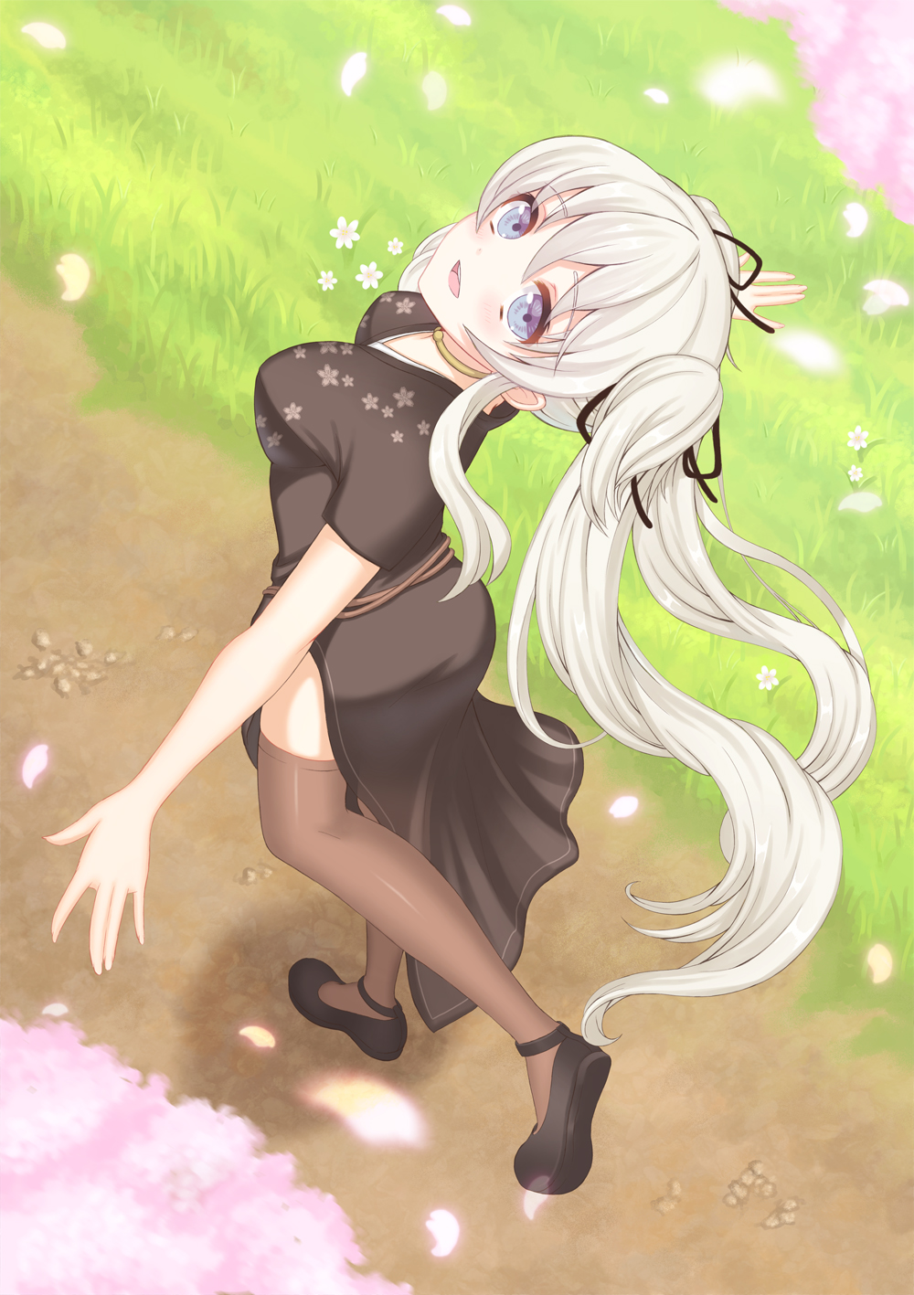 1girl :d black_dress black_footwear black_ribbon blue_eyes breasts brown_thighhighs cherry_blossoms clip_studio_paint_(medium) dress floral_print flower from_above grass grey_hair hair_ribbon highres jewelry long_hair mabinogi medium_breasts nao_(mabinogi) neck_ring path print_dress ribbon shoes side_slit sidelocks smile solo teeth thighhighs toujou_mina twintails upper_teeth_only walking