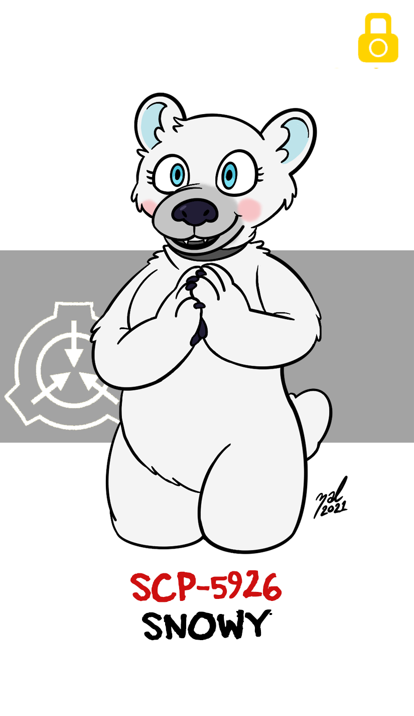 animate_inanimate anthro bear blue_eyes clasped_hands claws female finger_claws fur hi_res living_clothing lock_symbol mammal pawpads pink_cheeks polar_bear scp-5926 scp_foundation simple_background solo ursine white_body white_fur zal_cryptid