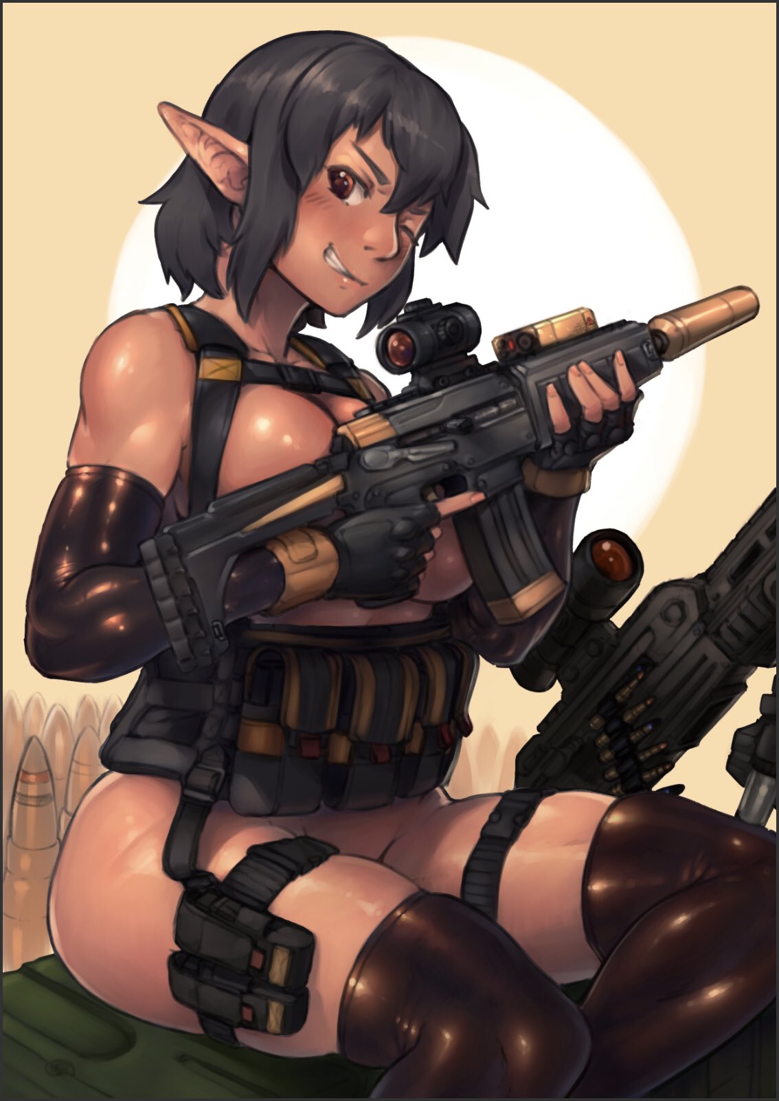 1girl ammunition_belt assault_rifle belt black_belt black_gloves black_hair blush breasts brown_thighhighs bullet chest_harness cleavage commentary commentary_request elbow_gloves english_commentary feet_out_of_frame fingerless_gloves gloves grin gun harness highres holding holding_gun holding_weapon looking_at_viewer medium_bangs medium_breasts no_panties one_eye_closed original pointy_ears pouch puchirisu red_eyes rifle scope short_hair sitting smile solo tactical_clothes thighhighs weapon