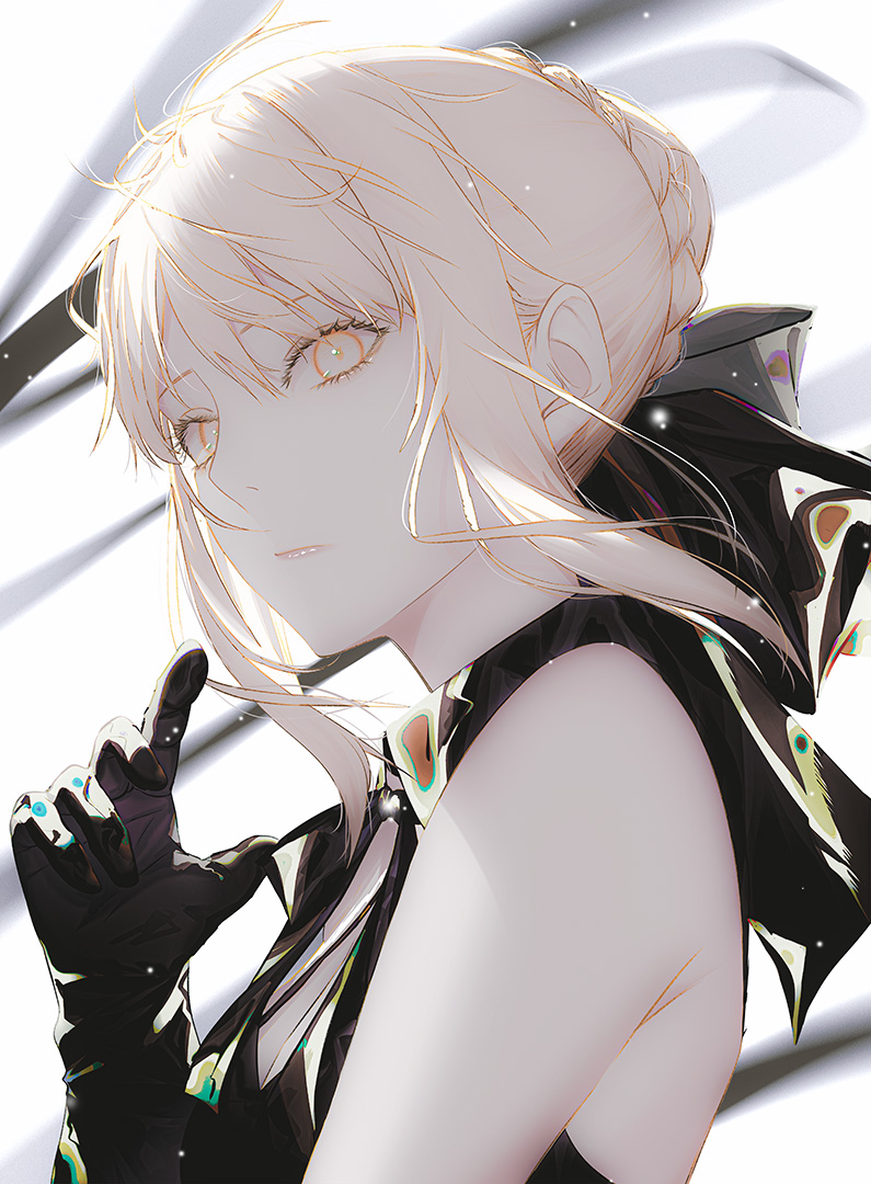 1girl alternate_costume armpit_crease artoria_pendragon_(fate) bare_shoulders black_bow black_dress blonde_hair bow braid braided_bun breasts cleavage_cutout closed_mouth clothing_cutout dress fate_(series) fov_ps hair_bow hair_bun looking_at_viewer pale_skin saber_alter short_hair small_breasts solo upper_body yellow_eyes