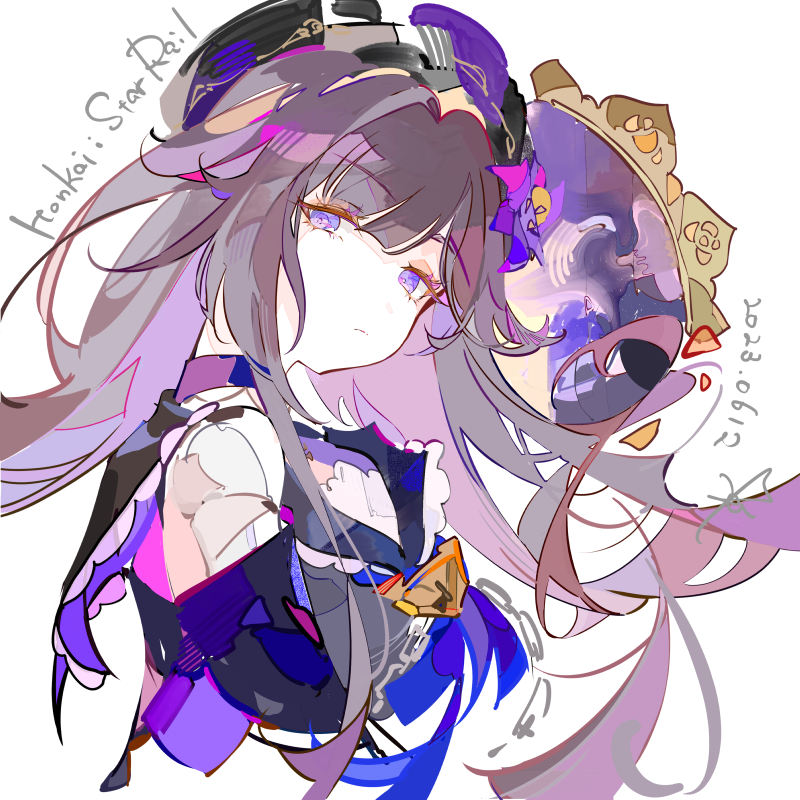 1girl black_headwear brown_hair copyright_name expressionless ezu_(e104mjd) flower hair_flower hair_ornament hat herta_(honkai:_star_rail) honkai:_star_rail honkai_(series) long_hair long_sleeves mirror purple_eyes purple_flower solo white_background