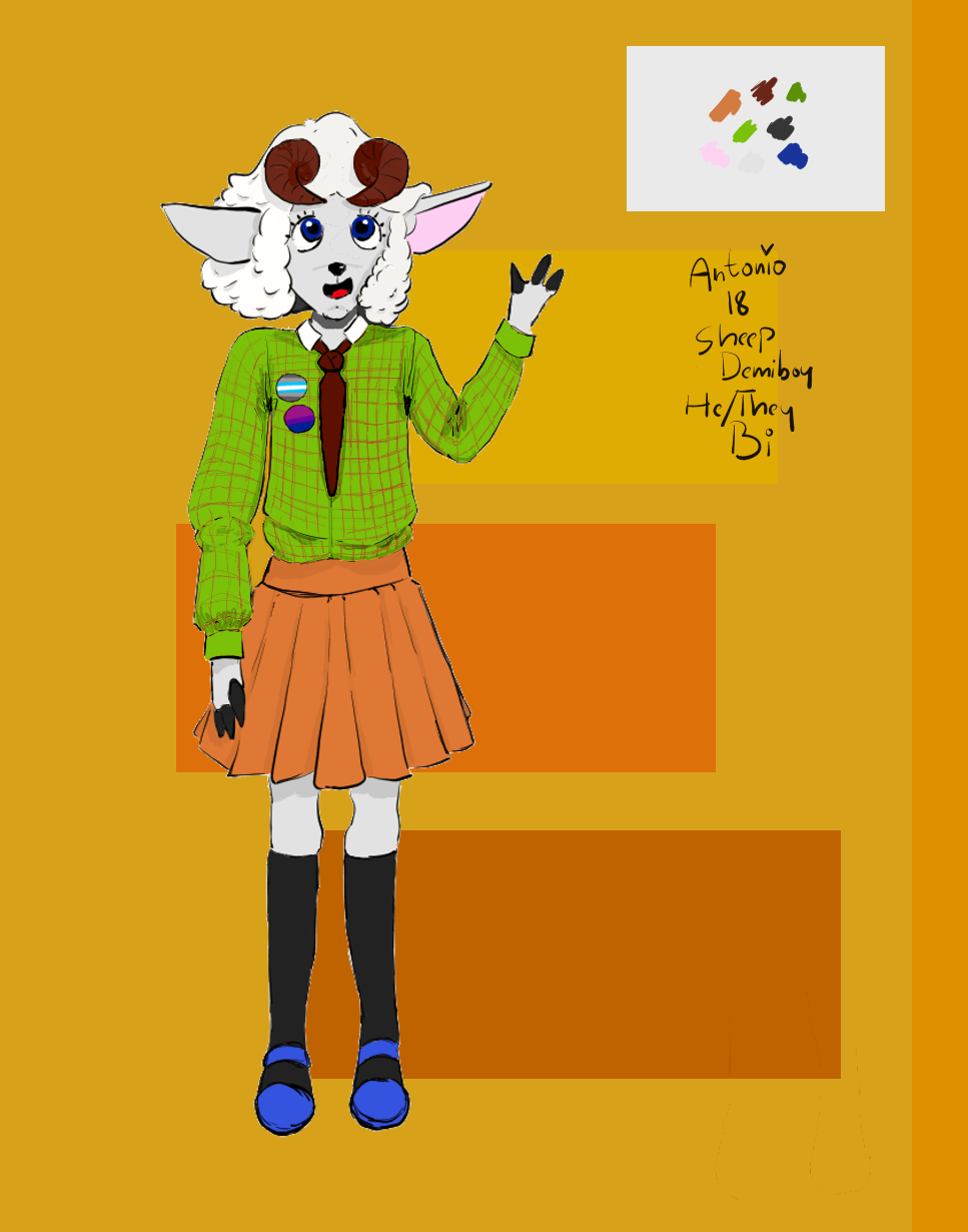 ambiguous_gender anthro antonio_(antoniothesheep) bisexual_pride_colors bottomwear bovid caprine clothing demiboy_pride_colors dress_shirt footwear girly hi_res horn knee_highs knee_socks legwear lgbt_pride male mammal mary_janes necktie nonbinary_(lore) pins pride_colors sheep shirt shoes skirt socks solo topwear unknown_artist