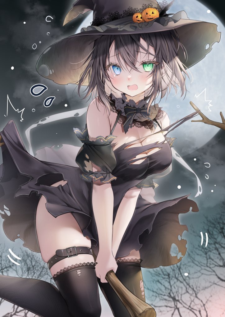 1girl bare_shoulders black_dress black_headwear black_thighhighs blue_eyes blush bow bra branch breasts broom broom_riding brown_hair cleavage dress embarrassed green_eyes halloween halloween_costume hat hat_bow heterochromia holding jack-o'-lantern looking_at_viewer moon no_panties open_mouth outdoors pumpkin shirt short_hair skirt solo thighhighs torn torn_bra torn_clothes torn_dress torn_shirt torn_skirt torn_sleeves underwear witch witch_hat yoruhoshi_owl