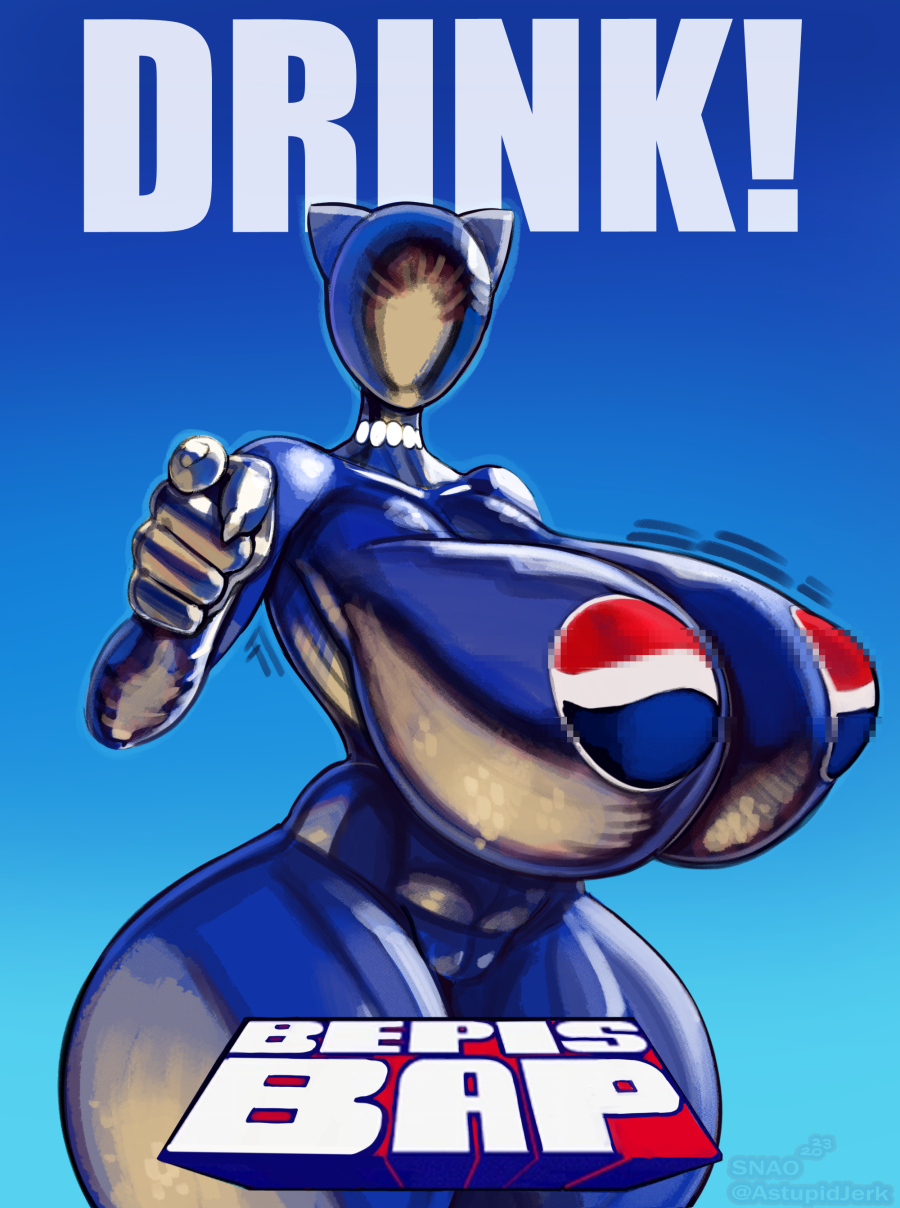 2023 5_fingers animal_humanoid big_breasts breasts cat_humanoid censored english_text felid felid_humanoid feline feline_humanoid female fingers gesture gradient_background hi_res huge_breasts humanoid mammal mammal_humanoid mosaic_censorship pepsi pepsiman_(character) pointing pointing_at_viewer poster simple_background snao solo text