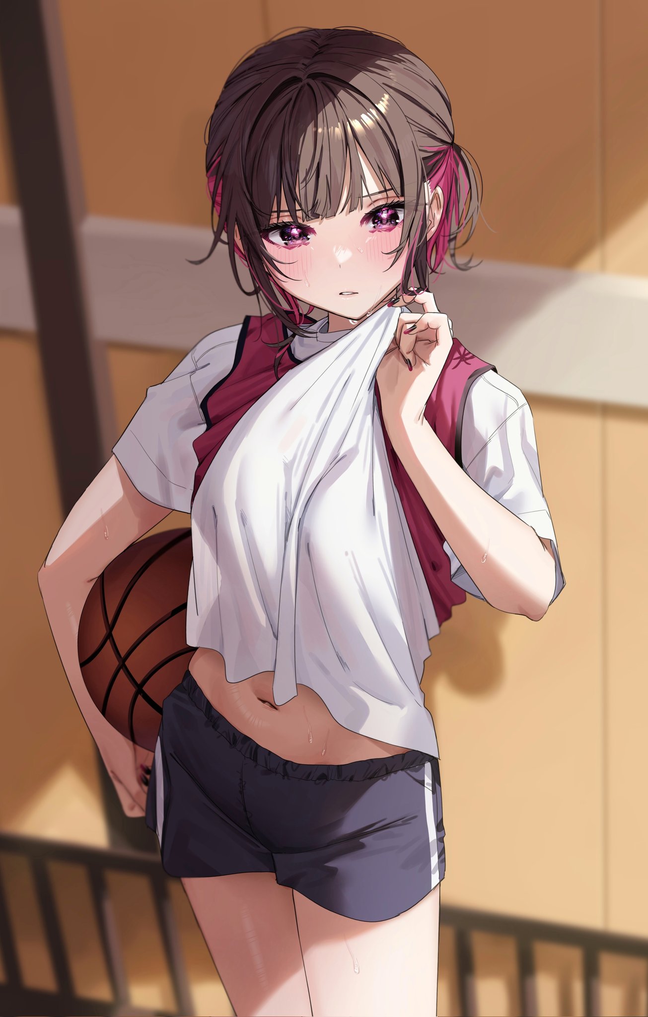 1girl ball basketball basketball_(object) blue_shorts blurry blurry_background blush breasts brown_hair chigusa_minori colored_inner_hair commentary_request cowboy_shot gym_uniform highres holding holding_ball indoors looking_at_viewer medium_breasts midriff multicolored_hair navel parted_lips purple_eyes purple_hair shade shino_to_ren shirayuki_ren shirt short_hair short_shorts short_sleeves shorts solo standing sweat two-tone_hair white_shirt wiping_sweat