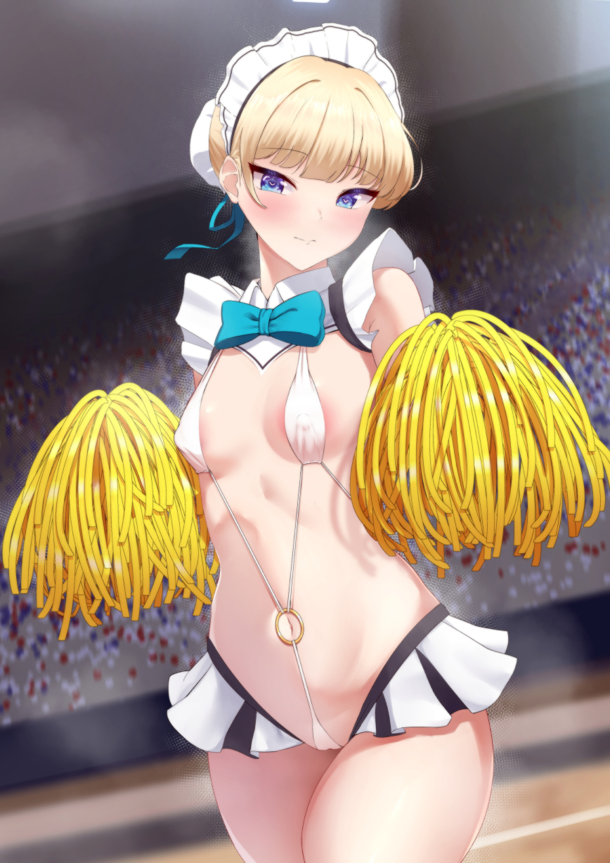 1girl areola_slip blonde_hair blue_archive blue_eyes blue_ribbon blush breasts bun_cover covered_nipples dearonnus hair_bun hair_ribbon halo highres looking_at_viewer maid_headdress o-ring one-piece_swimsuit pom_pom_(cheerleading) ribbon short_hair single_hair_bun slingshot_swimsuit small_breasts smile solo swimsuit thighs toki_(blue_archive) white_one-piece_swimsuit