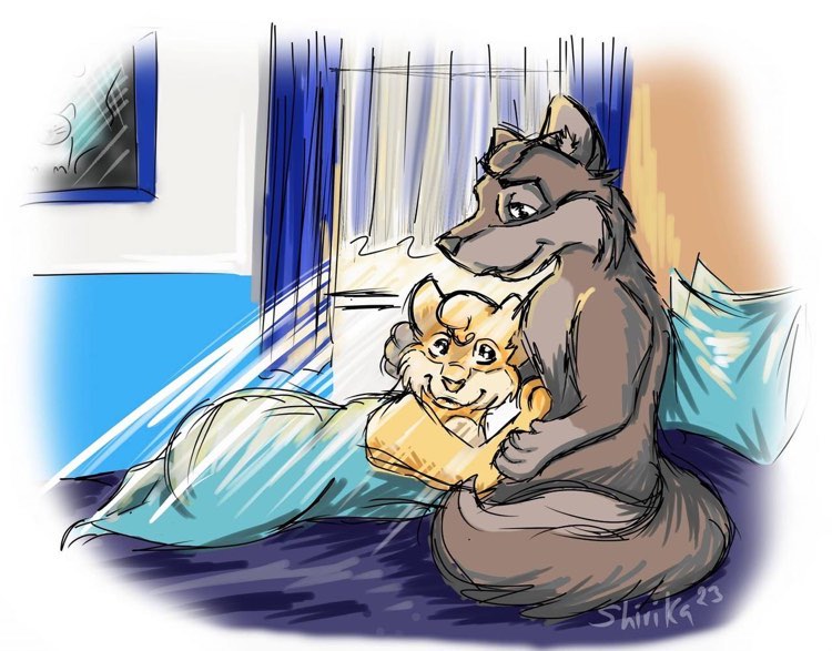 anthro artist_shirika balto balto_(film) bed bed_time bedding blanket brown_body brown_fur canid canine canis charakter_shirika charakter_torpedo-balto cut_(disambiguation) duo embrace felid female fur furniture hair hug hybrid lion love lovely male male/female mammal morning-sun pantherine pet pet. pillow schnurrt_beim_knuddeln shirika torpedo-balto touching_hair universal_studios wolfdog yellow_body yellow_fur young_adould