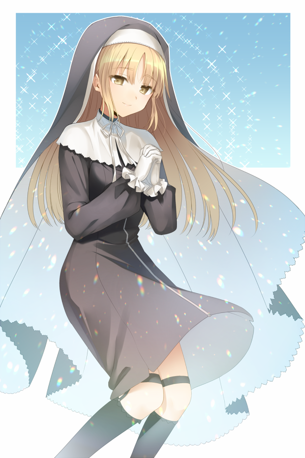1girl breasts commentary_request gloves habit kneehighs lanlanlap nijisanji nun own_hands_clasped own_hands_together sister_cleaire small_breasts smile socks solo thigh_strap virtual_youtuber white_gloves