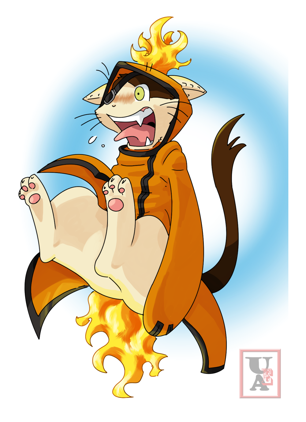 anthro beastkin blazblue bottomless burning butt_on_fire clothed clothing digital_media_(artwork) domestic_cat felid feline felis fire hand_on_butt hi_res hoodie jubei_(blazblue) male mammal open_mouth pain pequedark-velvet solo tail topwear