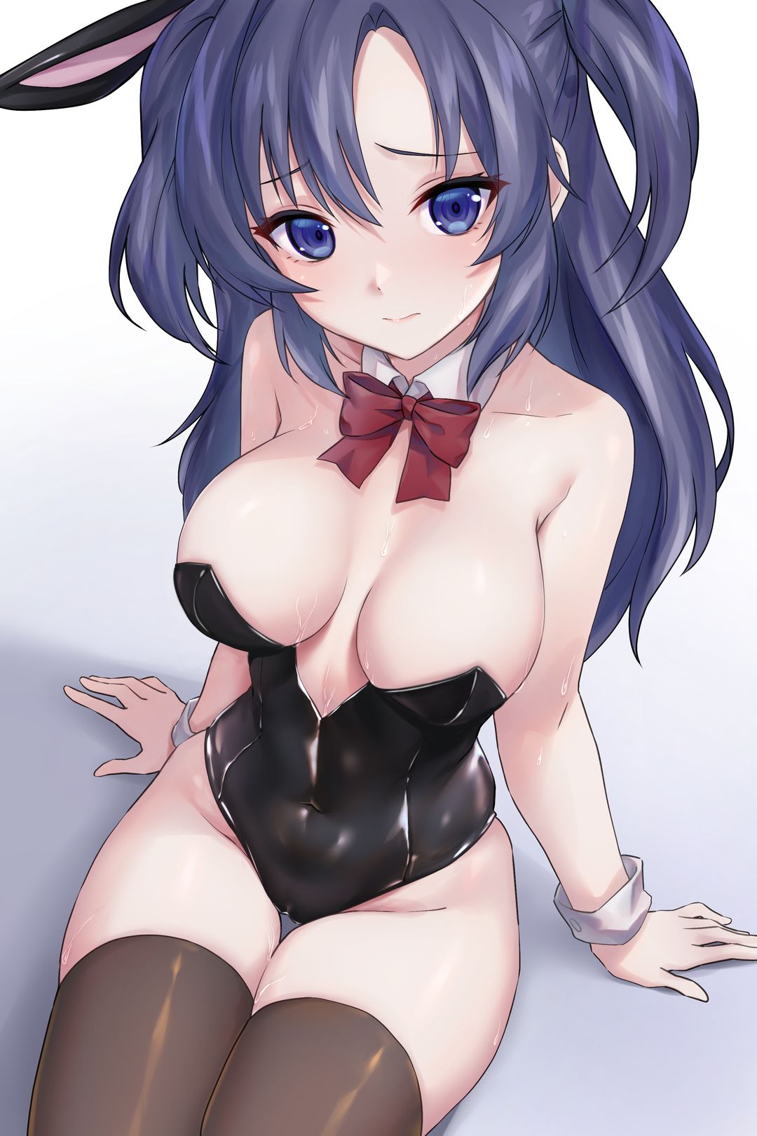 1girl a-plug animal_ears arm_rest arms_at_sides asymmetrical_hair bare_arms bare_shoulders black_leotard black_thighhighs blue_archive blue_eyes blue_hair bow bowtie breasts breasts_apart cameltoe closed_mouth collar collarbone covered_navel cowboy_shot detached_collar embarrassed eyelashes from_above furrowed_brow hair_between_eyes head_tilt highres legs_together leotard light_blush long_hair looking_at_viewer looking_up medium_breasts parted_bangs playboy_bunny rabbit_ears red_bow red_bowtie shadow sidelocks simple_background sitting solo thigh_gap thighhighs thighs two_side_up wet white_background white_collar white_wrist_cuffs yuuka_(blue_archive)