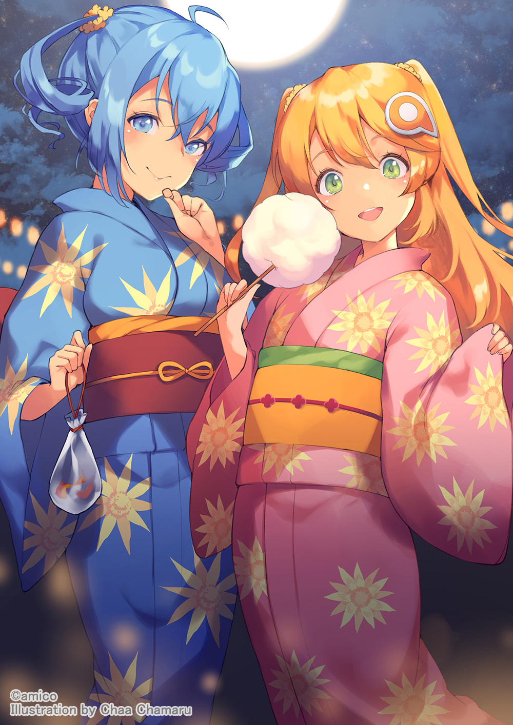 2girls amiami_(company) amico bag bagged_fish blue_eyes blue_hair blush cotton_candy fish floral_print green_eyes hair_between_eyes hair_ornament highres holding japanese_clothes kimono lilco long_hair looking_at_viewer moon multiple_girls night obi official_art open_mouth orange_hair outdoors sash short_twintails sky smile twintails two_side_up yukata yumekui