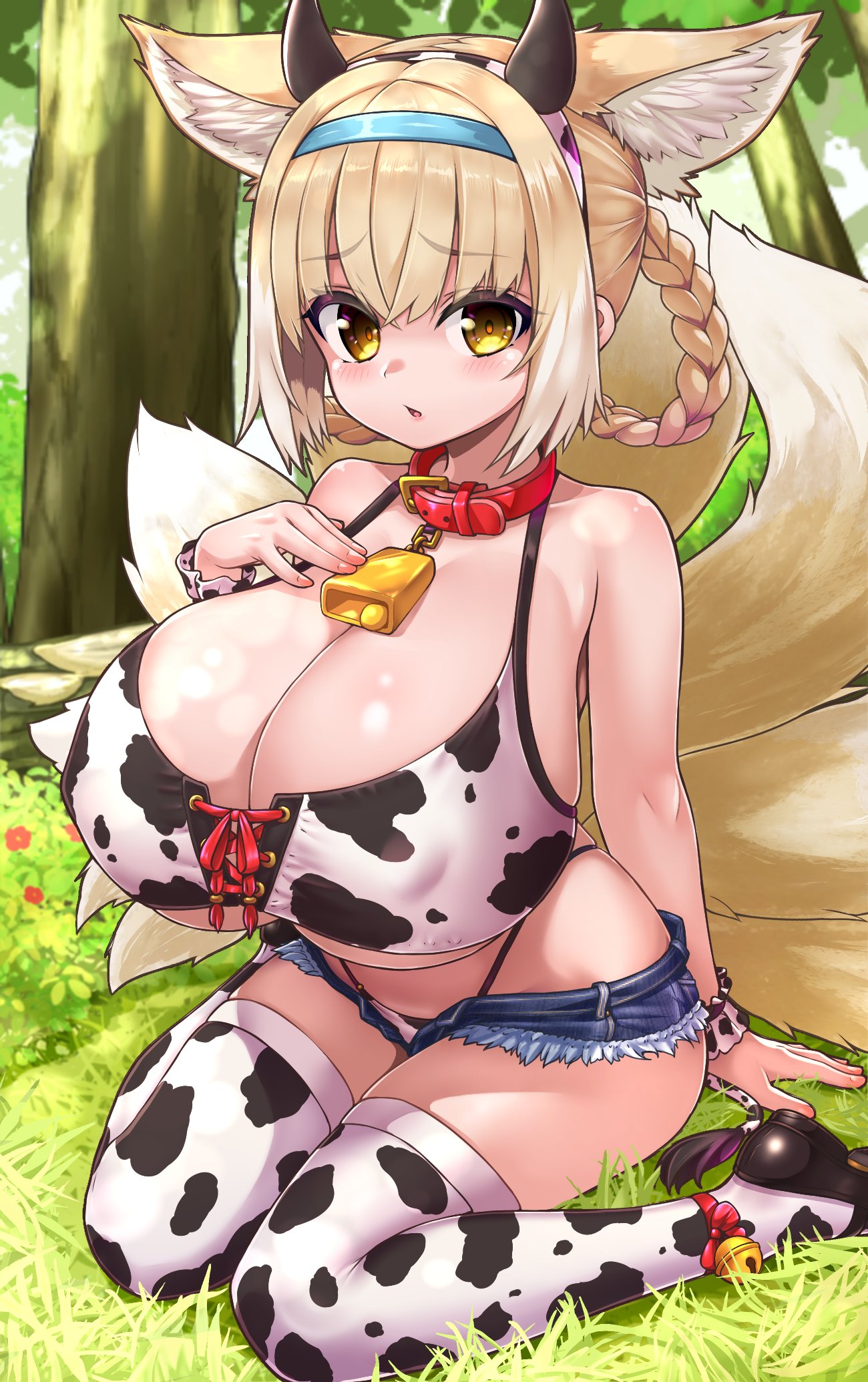 1girl alternate_breast_size alternate_costume animal_ear_fluff animal_ears arknights bell bikini bikini_top_only blonde_hair braid breasts chiroshiron cleavage collar commission cowbell fake_horns forest fox_ears fox_girl fox_tail grass hair_rings hairband highres horns huge_breasts jingle_bell micro_shorts multiple_tails nature neck_bell oppai_loli short_hair shorts sitting skeb_commission solo suzuran_(arknights) swimsuit tail thighhighs tree twin_braids wariza yellow_eyes
