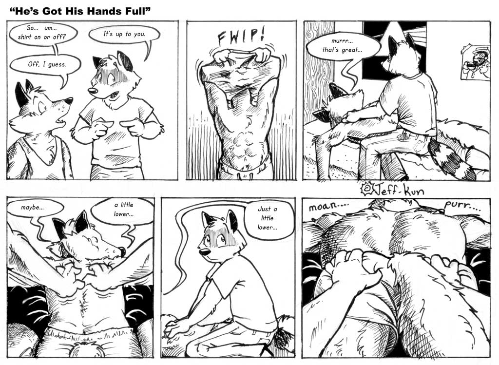 abs aiden_harris anthro bed bottomwear butt butt_focus butt_grab butt_massage canid canine closet_coon clothed clothing clothing_lift colin_young comic dialogue duo english_text fox fur furniture hand_on_back hand_on_butt human kneeling leafdog lying male male/male male_on_bottom male_on_top mammal markings massage monochrome on_bed on_bottom on_front on_top primate procyonid raccoon ring_(marking) ringtail shirt shirt_lift shorts tail tail_markings text topless topwear undressing