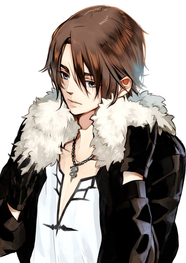 1boy black_gloves black_jacket blue_eyes brown_hair collarbone final_fantasy final_fantasy_viii fur-trimmed_jacket fur_trim gloves hands_up jacket jewelry light_frown long_sleeves male_focus necklace nini_tw99 open_clothes open_jacket petting scar scar_on_face scar_on_forehead serious shirt short_hair simple_background solo squall_leonhart v-neck white_background white_fur white_shirt