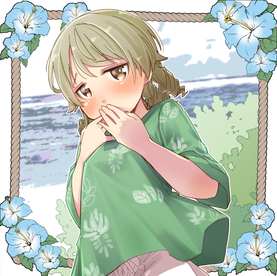 1girl blue_flower blue_sky blush brown_eyes brown_hair cloud commentary_request covered_mouth flower green_shirt hands_up horizon idolmaster idolmaster_cinderella_girls long_hair long_sleeves looking_at_viewer morikubo_nono ocean pants ringlets rope shirt sky solo water white_pants wide_sleeves yukie_(kusaka_shi)